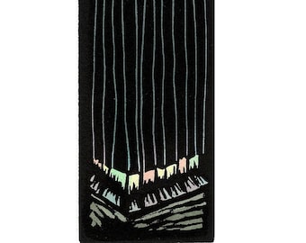 Original Linocut (2318) of Tall Buildings at Night with Full Moon