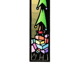 Original Linocut (2341) Small Print of a Christmas Tree with Star and Packages