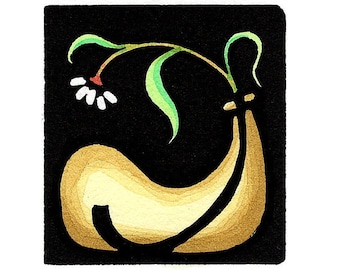 Original Linocut (2333) of a White Flower in a Brown Vase