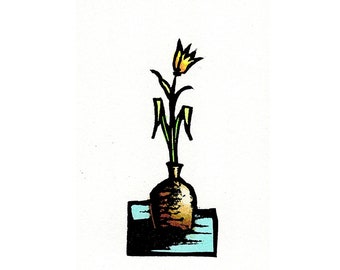 Original Linocut (2244) of a Yellow Flower in a Brown Vase