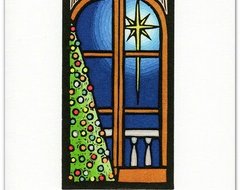 12 Christmas Cards of a Christmas Tree and Star from My Original Linocut