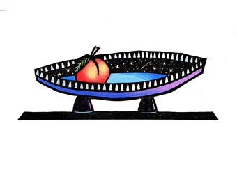 Original Linocut (#2513) of a Peach Print of a Purple Blue Star Dish