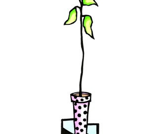 Original Linocut (2119) of a Plant in a Polka-dot Pot By Ken Swanson