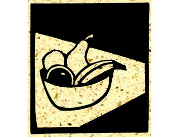Original Linocut (9412) Small Print of a Still Life with Fruit on Japanese Paper