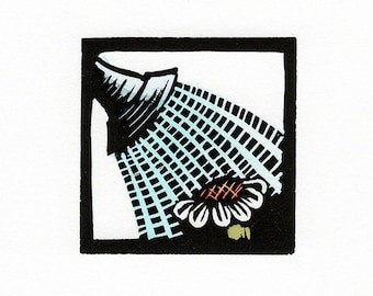 NEW Linocut{2556} Small Original Print of a Flower being Watered from a Watering Can