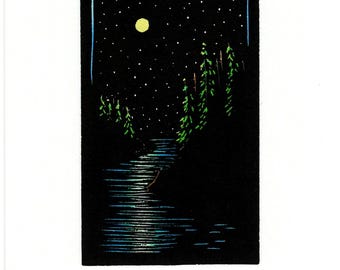 NEW Greeting Card (6) of a Forest Scene with Lake and Moon