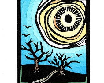 NEW Linocut (2611) Original Print of a Landscape with a Large Sun