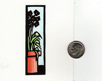 Original Linocut (2234) of Black Flowers in a Pot by Ken Swanson