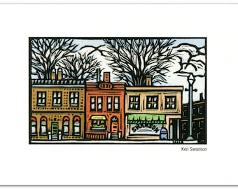 Greeting Card (1) of a Trio of Buildings from an Original Linocut (#9505)