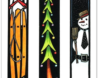 6 Christmas Cards of a Sled, Christmas Tree, and Snowman from My Original Linocut