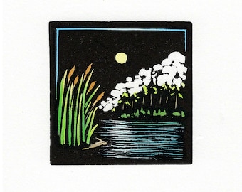 NEW Linocut (2558) of a Seascape with Cattails and Clouds