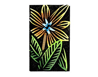 NEW Original Linocut (2320) Small Print of a Colorful Flower