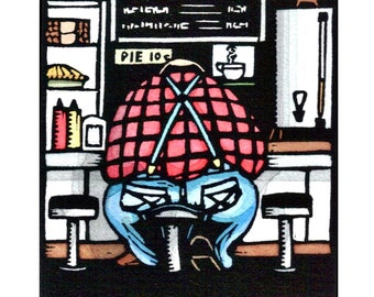 Original Linocut (1013) Titled "The Regular"... a Man in a Cafe By Ken Swanson