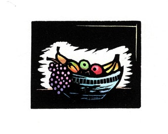 NEW Original Linocut (2305) Small Print of a Bowl of a Colorful Fruit