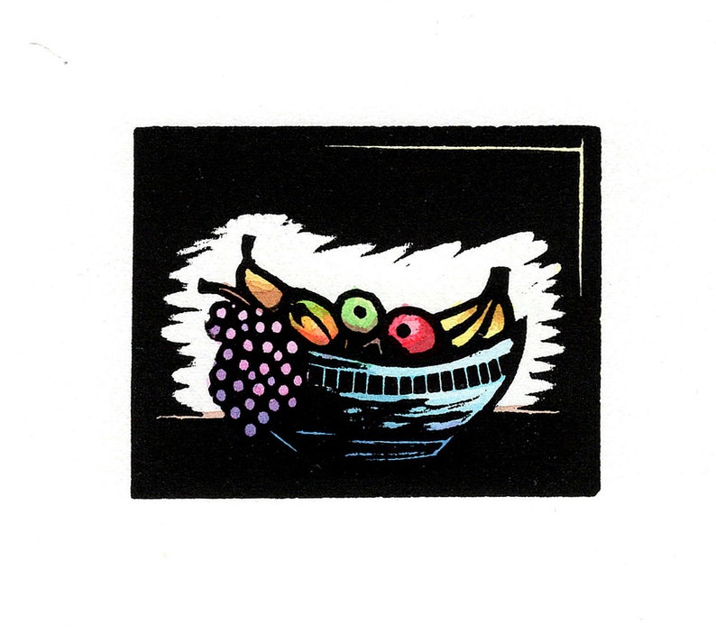 Linocut Shell Fruit Original Linocut (2305) Small Print of a Bowl of a Colorful Fruit - Etsy