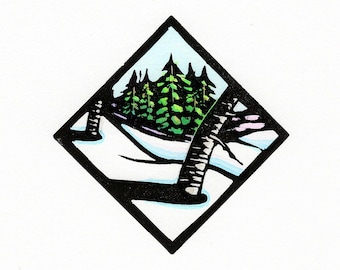 Original Linocut (2545) Small print of a Snowy Winter Woods Scene