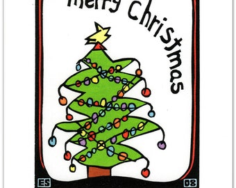 12 Christmas Cards of a Christmas Tree from My Original Linocut (0835)