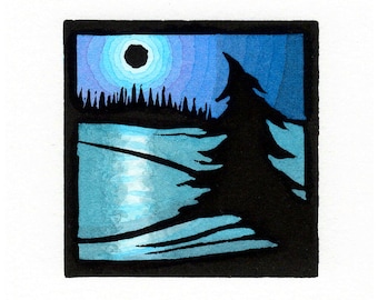 Original Linocut (2547) Small Print of a Pine Tree on a Snowy Winter's Night