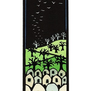 Original Linocut (2218) of a Landscape with Houses, Trees, and Birds by Ken Swanson