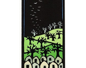 Original Linocut (2218) of a Landscape with Houses, Trees, and Birds by Ken Swanson