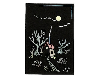 NEW Linocut (2559) of a Small House/Cabin in the Woods at Night with Moon