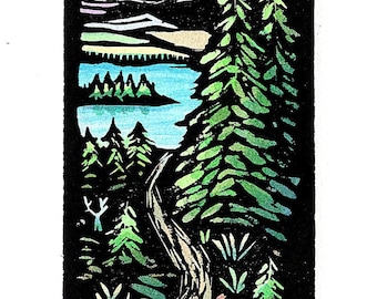 NEW Linocut (2615) Landscape with a Tall Pine and Lake