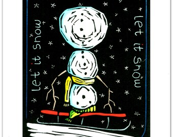 6 Christmas Cards of an Upside-down Snowman Sledding Down a Hill from My Original Linocut