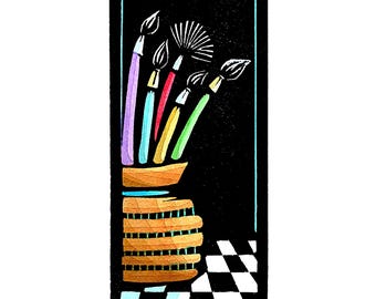 Original Linocut (2536) of a Container of Artists Paint Brushes