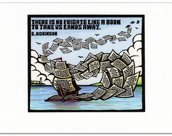 1 Greeting Card from a Linocut depicting an Emily Dickinson Quote about Reading