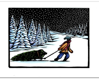 6 Christmas Cards from a Linocut of Someone Pulling a Pine Tree on a Sled from the Forest
