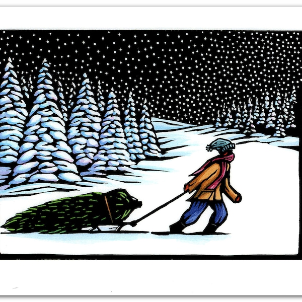Greeting Card (1) of a Person with a Christmas Tree on a Sled from a Hand-painted Linocut (9603)