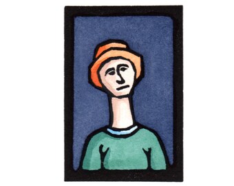 Original Linocut (1744) of a Person in an Orange Hat by Ken Swanson