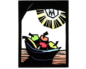 Original Linocut (2407) Still Life with Fruit and Lamp, Colored