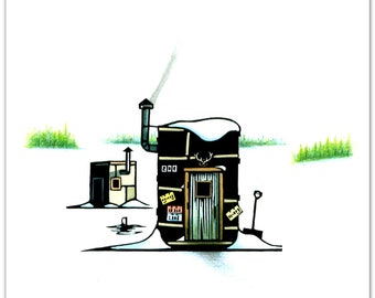 1 Greeting Card from a Linocut Depicting an Ice Fishing Shack titled "Home for the Holidays"
