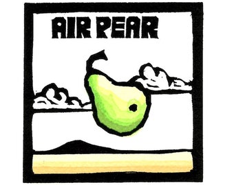Original Linocut (1334) of a Pear in the Air By Ken Swanson