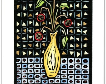 NEW Greeting Card (1) of Red Flowers in a Yellow Vase from an Original Hand-painted Linocut (1916)