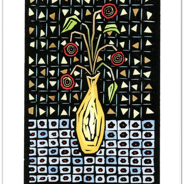 NEW Greeting Card (1) of Red Flowers in a Yellow Vase from an Original Hand-painted Linocut (1916)