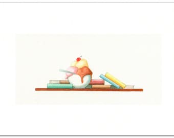 1 Greeting Card from a Watercolor Painting Depicting Ice Cream and Books