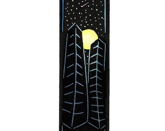 Original Linocut (2334) Small Print of Two Buildings by Moonlight