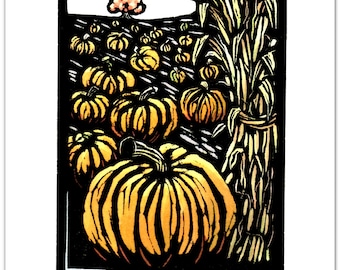 12 Greeting Cards from a Linocut Depicting a Fall Pumpkin Field