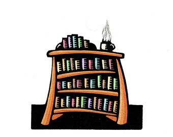 NEW Linocut (1311) Small Print of a Short, Wide Bookcase with a Coffee Cup