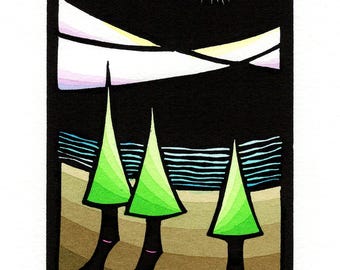 Original Linocut (2438) of Stylized Landscape with Trees, Water, Clouds, and Sun
