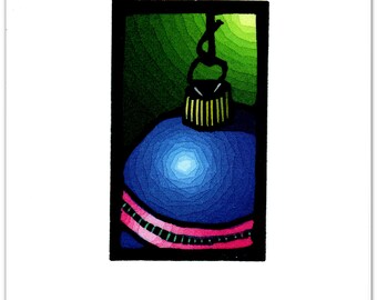 12 Christmas Cards of a Blue Christmas Tree Ornament from My Original Hand-painted Linocut (1033)