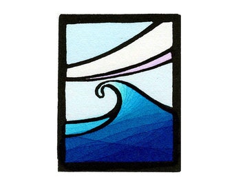 Original Linocut (2220) of a Wave with Clouds by Ken Swanson