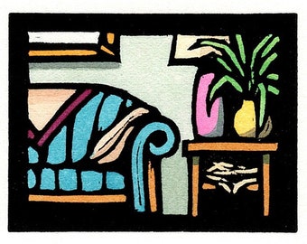 Original Linocut (9908) Small Print of an Interior Scene with Sofa, Lamp and Plant