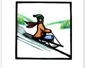 12 Christmas Cards of a Person Sledding down a Hill from my Original Linocut (#9470)