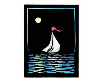 Original Linocut (1442) Small Print of a Sailboat with Red Flag