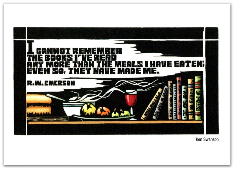 Greeting Card 1 of an Emerson Quote Illustrated with Food and Books from an Original Linocut by Ken Swanson 1235 image 1