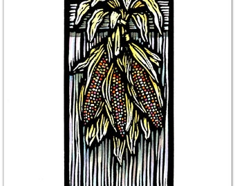 6 Fall Greeting Cards of Hanging Ears of Indian Corn from My Original Linocut
