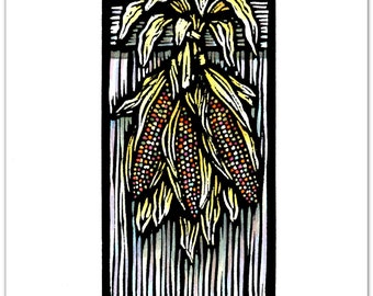 6 Greeting Cards of Hanging Ears of Indian Corn from an Original Linocut (#9535) by Ken Swanson